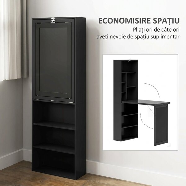 HOMCOM Birou Modern Pliabil cu Bibliotecă și Tablă, din Lemn și Metal, 98x51x153 cm, Negru | Aosom Romania