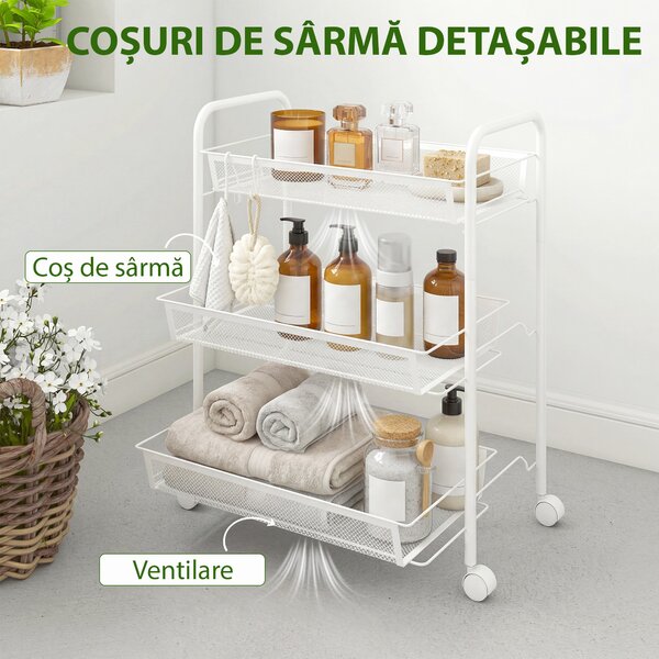 HOMCOM Cărucior de bucătărie cu 3 niveluri, coșuri detașabile și 4 roți, din oțel și plastic PP, 41,5 x 26,5 x 63 cm, alb | Aosom Romania