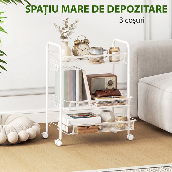 HOMCOM Cărucior de bucătărie cu 3 niveluri, coșuri detașabile și 4 roți, din oțel și plastic PP, 41,5 x 26,5 x 63 cm, alb | Aosom Romania