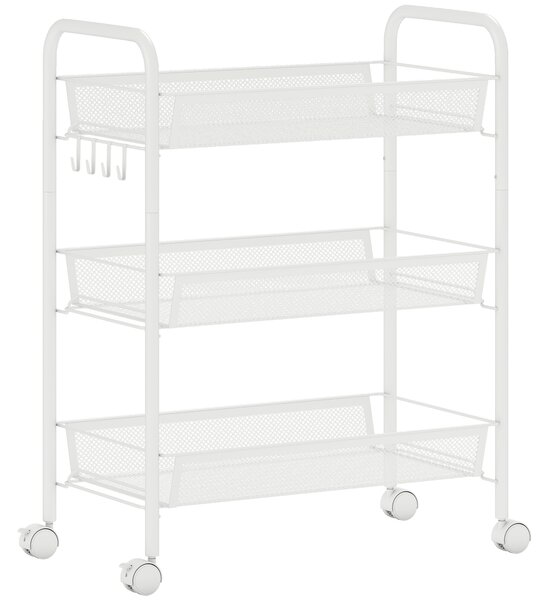 HOMCOM Cărucior de bucătărie cu 3 niveluri, coșuri detașabile și 4 roți, din oțel și plastic PP, 41,5 x 26,5 x 63 cm, alb | Aosom Romania