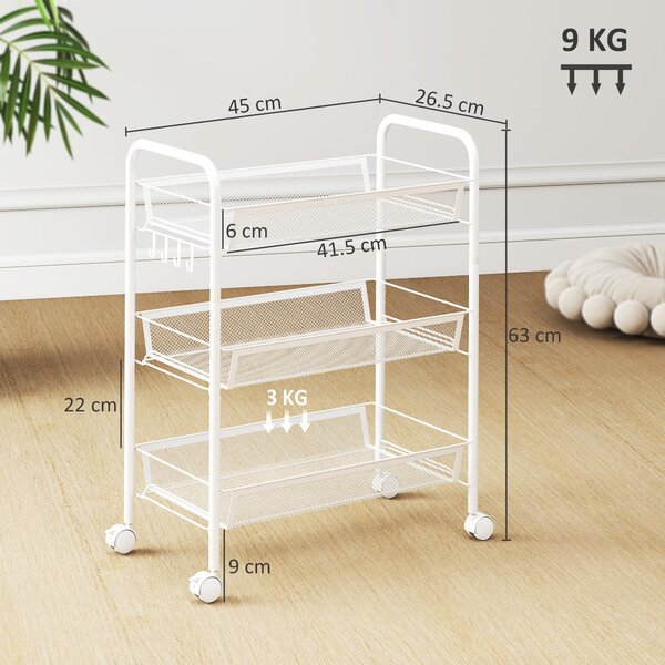 HOMCOM Cărucior de bucătărie cu 3 niveluri, coșuri detașabile și 4 roți, din oțel și plastic PP, 41,5 x 26,5 x 63 cm, alb | Aosom Romania