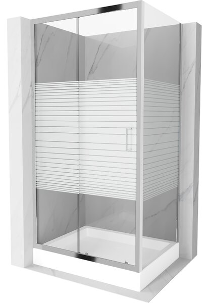 Mexen Apia, cabină de duș cu ușă glisantă 120 (uşă) x 90 (perete) cm, sticlă transparentă 6 mm cu benzi, profil cromat + cadă de duș RIO albă cu sifo…
