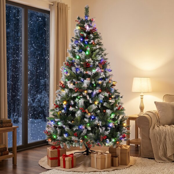 HOMCOM Brad de Crăciun Nins 180 cm, 250 LED-uri Bicolore, Telecomandă, 11 Moduri, 840 Ramuri, Conuri, Bobițe Roșii | Aosom Romania