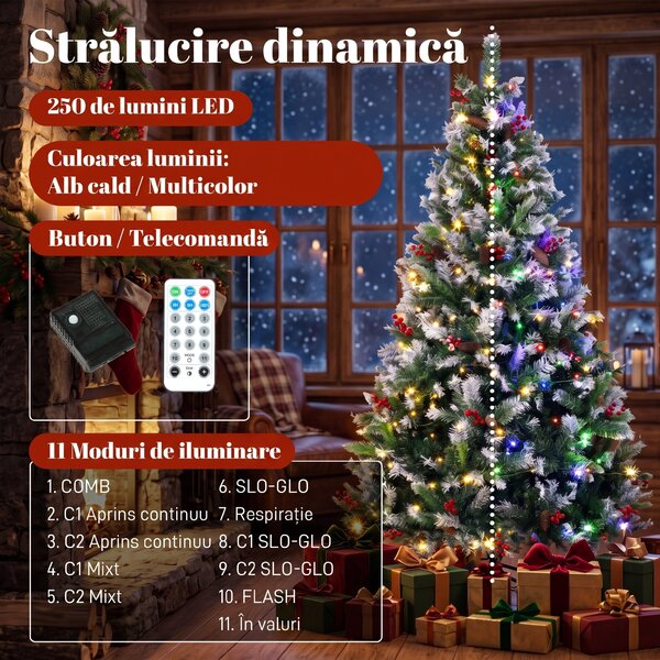 HOMCOM Brad de Crăciun Nins 180 cm, 250 LED-uri Bicolore, Telecomandă, 11 Moduri, 840 Ramuri, Conuri, Bobițe Roșii | Aosom Romania