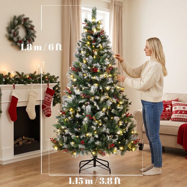 HOMCOM Brad de Crăciun Nins 180 cm, 250 LED-uri Bicolore, Telecomandă, 11 Moduri, 840 Ramuri, Conuri, Bobițe Roșii | Aosom Romania