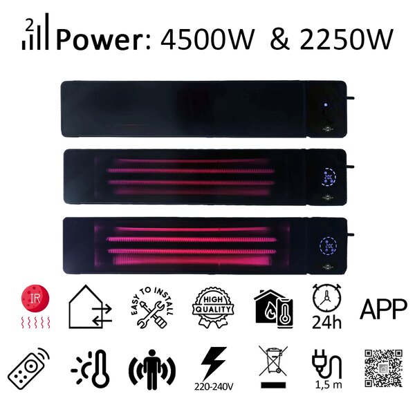 4500W/2250 Wați ElectricSun negru, incalzitor electric cu infrarosu, interior exterior, termostat cu Wi-Fi si APP internet TUYA, 100x18cm