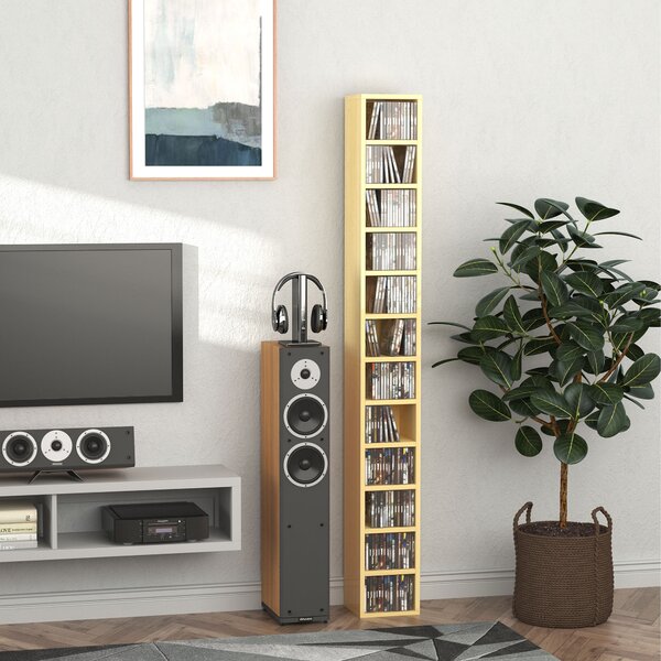 HOMCOM Dulap Biblioteca Suport CD-uri cu 12 Rafturi pentru 204 CD-uri, Raft Biblioteca din MDF si PAL, 21x20x175 cm, Lemn natural
