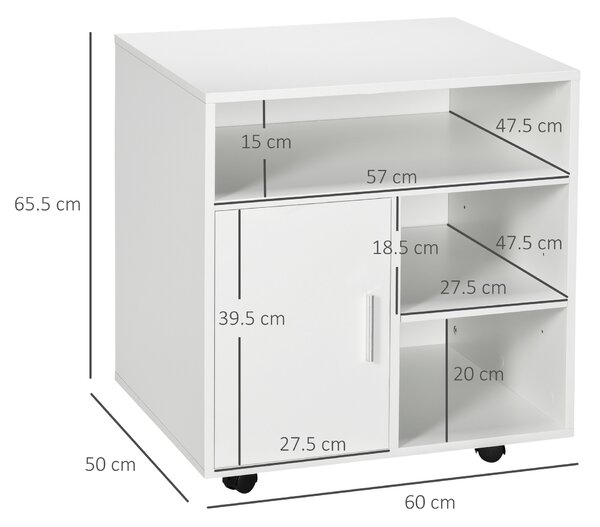 HOMCOM dulap cu sertare, cu 4 roti si 2 frane, usor de mutat, Dulap birou din Lemn, cu Rafturi Deschise, 60x50x65.5cm, Alb | Aosom Romania