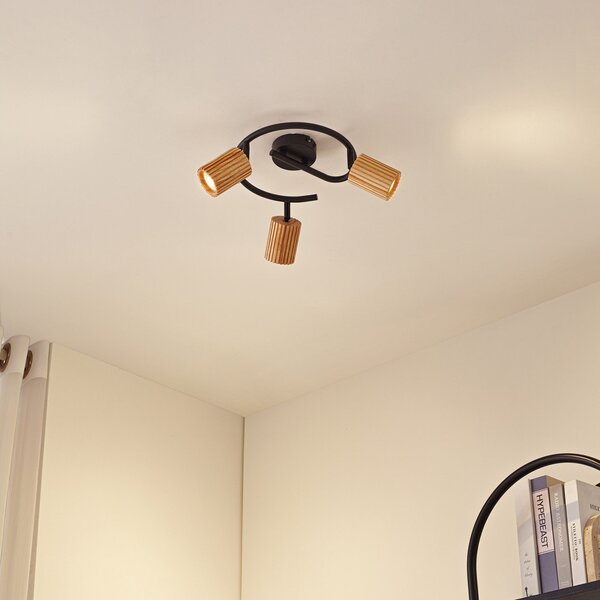 Lindby Spot de tavan Stralino, 3 becuri, Ø31cm, lemn, GU10, reglabil, Lemn, Hol, Lemn, Modern