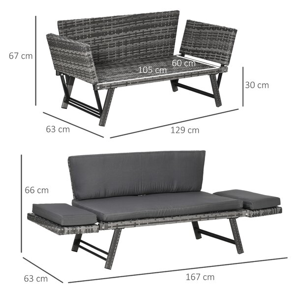 Outsunny Canapea de Grădină din Ratan și Oțel, Canapea cu 2 Locuri și Cotiere Rabatabile, 129x63x67 cm, Gri | Aosom Romania