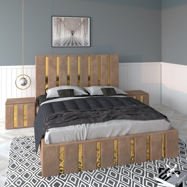 Pat Tapitat Mexic Crem + Saltea Lux Ortopedica + Noptiere Tapitate 160x200