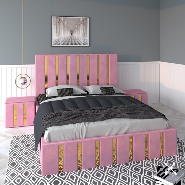 Pat Tapitat Mexic Roz + Saltea Lux Ortopedica + Noptiere Tapitate 160x200