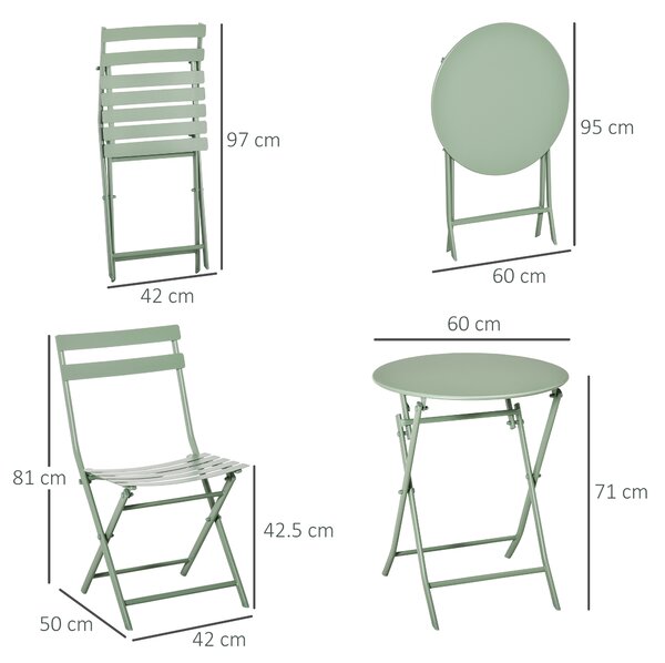 Outsunny Set de Gradina Pliabil de 3 Piese din Otel, 2 Scaune 42x50x81 cm si Masa de Gradina Ø60x71 cm, Verde