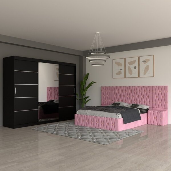Dormitor Eric Roz Cu Extensii Dulap Negru 250 cm 140x200