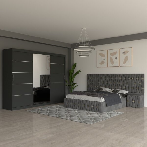 Dormitor Eric Gri Cu Extensii Dulap Gri 250 160x200