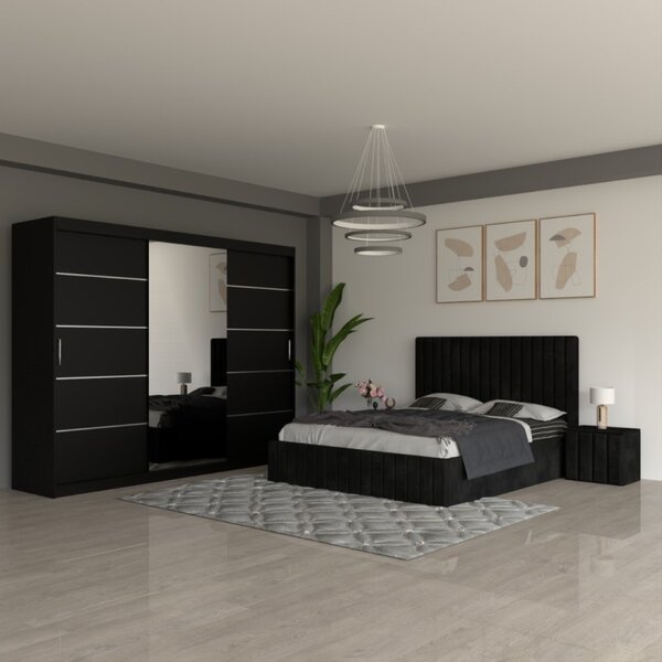 Dormitor Melania Negru cu Dulap Negru 250cm 140x200