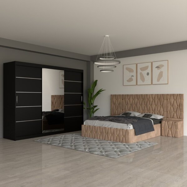 Dormitor Eric Crem Cu Extensii Dulap Negru 250 cm 160x200