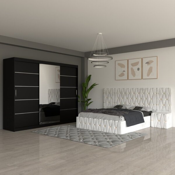 Dormitor Eric Alb Cu Extensii Dulap Negru 250 cm 160x200