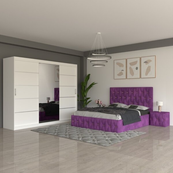 Dormitor Eric Mov ( Pat Eric Mov + Noptiere Tapitate + Dulap Alb 250cm ) 160x200