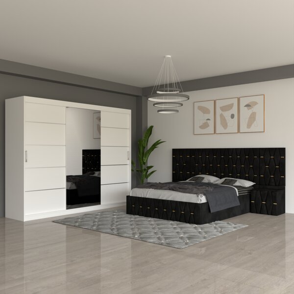 Dormitor Eric Negru Cu Extensii Dulap Alb 250 cm 160x200