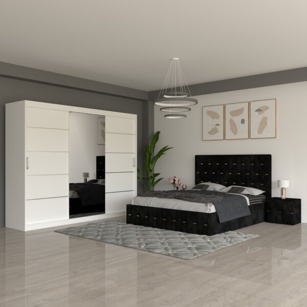 Dormitor Eric Negru ( Pat Eric Negru + Noptiere Tapitate + Dulap Alb 250cm ) 160x200