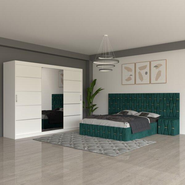 Dormitor Eric Verde Cu Extensii Dulap Alb 250 cm 160x200