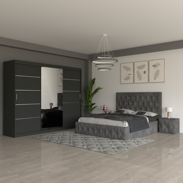 Dormitor Eric Gri ( Pat Eric Gri + Noptiere Tapitate + Dulap Gri 250cm ) 160x200
