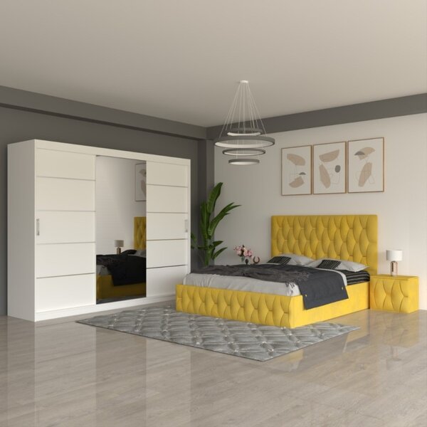 Dormitor Eric Galben ( Pat Eric Galben + Noptiere Tapitate + Dulap Alb 250cm ) 140x200