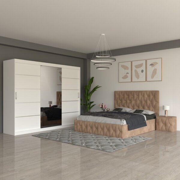 Dormitor Eric Crem ( Pat Eric Crem + Noptiere Tapitate + Dulap Alb 250cm ) 160x200