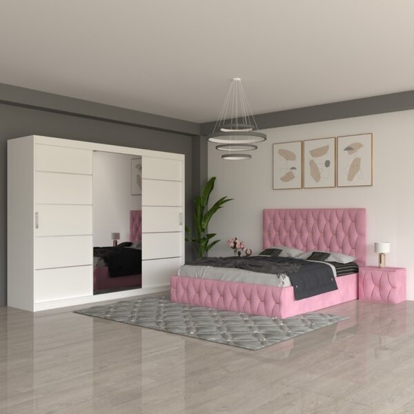 Dormitor Eric Roz ( Pat Eric Roz + Noptiere Tapitate + Dulap Alb 250cm ) 140x200