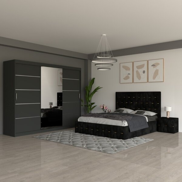 Dormitor Eric Negru ( Pat Eric Negru + Noptiere Tapitate + Dulap Gri 250cm ) 160x200