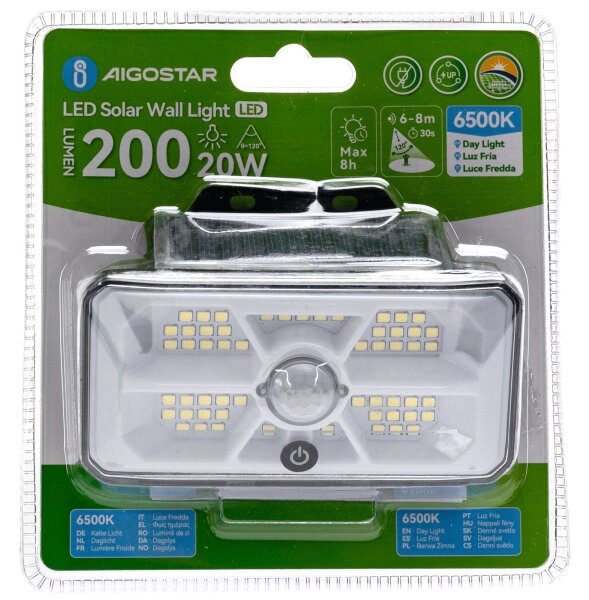 Aigostar - Lumină solară LED cu senzor, 3,7 V, 6500 K, 500 mAh, IP65, negru