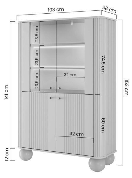 Vitrină cu patru uși Vesper 103 cm - negru / mânere aurii / picioare rotunde