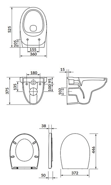 Cersanit Cersania SimpleOn, vas WC montat pe perete 52,5x36x37,5 cm + scaun din polipropilenă cu închidere lentă, deșeuri orizontale, alb, S701-557