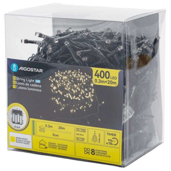 Aigostar - Ghirlandă LED de exterior pentru Crăciun, 400 LED, 8 funcții, alimentare 4xAA, 20,3 m, alb cald