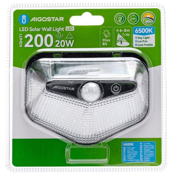 Aigostar - Lampă solară LED cu senzor LED/3,7V 6500K 500 mAh IP65 neagră