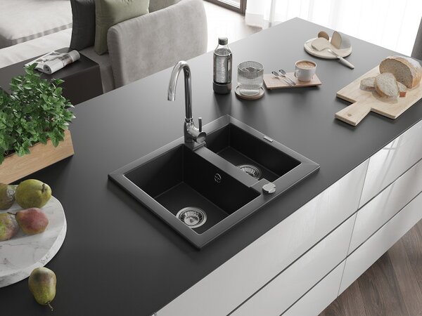 Mexen Carlos, chiuvetă din granit 582x475x177 mm, 1,5 camere, negru, 6518581500-77