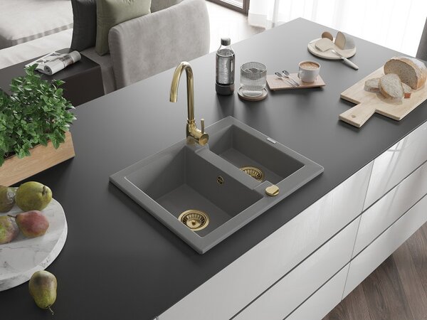 Mexen Carlos, chiuvetă din granit 582x475x177 mm, 1,5 camere, gri cu sifon auriu, 6518581500-71-G