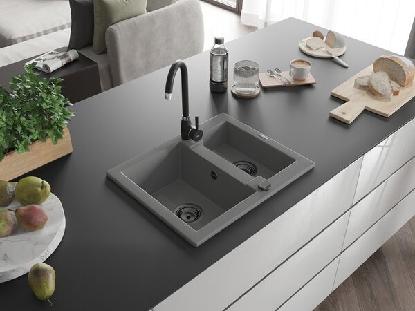 Mexen Carlos, chiuvetă din granit 582x475x177 mm, 1,5 camere, gri cu sifon negru, 6518581500-71-B
