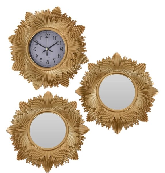 Set ceas de perete decorativ cu oglinzi, culoare auriu, model soare, design modern