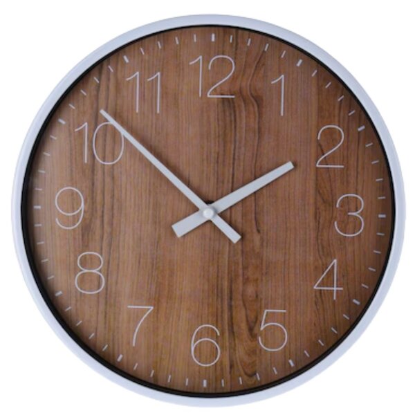 Ceas decorativ de perete, cu aspect de lemn și ramă albă, design modern