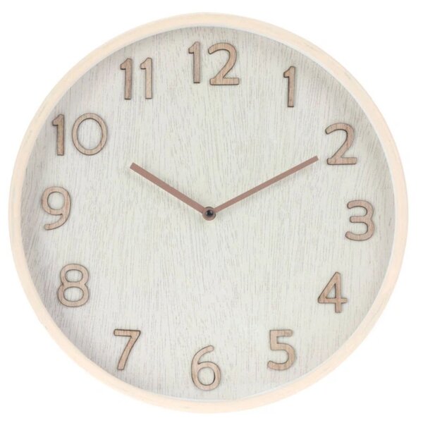 Ceas decorativ de perete, cu aspect de lemn natur și cifre reliefate, design modern