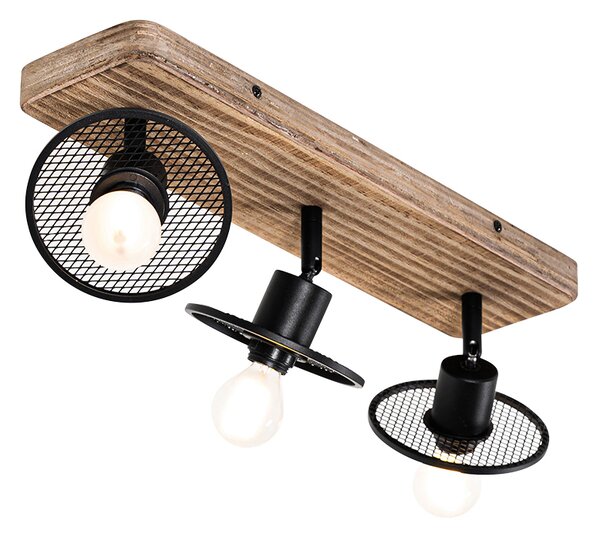 Plafoniera industriala neagra cu lemn 3 lumini - Jasmine