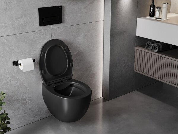 Mexen Egg, vas WC suspendat Rimless cu scaun duroplastic cu inchidere lenta, negru mat, 30245070