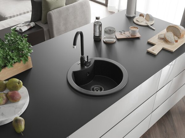 Mexen Diego, chiuvetă din granit 488x488x167 mm, 1 cameră, negru-argintiu metalic cu sifon negru, 6512481000-73-B