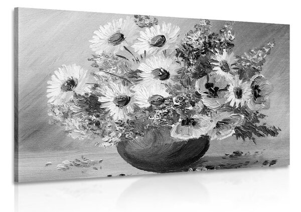 Tablou pictură în ulei florilor de vară în design alb-negru