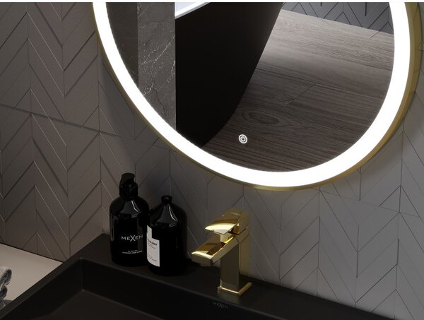 Mexen Esso Oglinda de baie rotunda cu iluminare din spate LED 80cm 6000K Pad de incalzire anti-ceata Rama aurie 9825-080-080-611-50