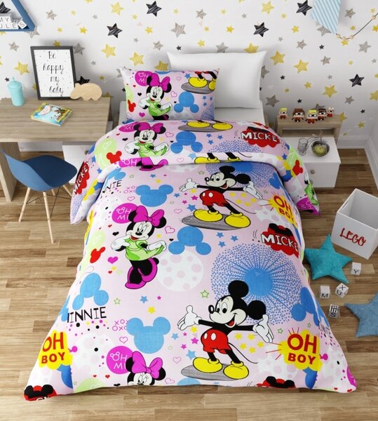 Lenjerie de pat copii bumbac Mikey & Minnie roz /160x200 cm dimensiune standard