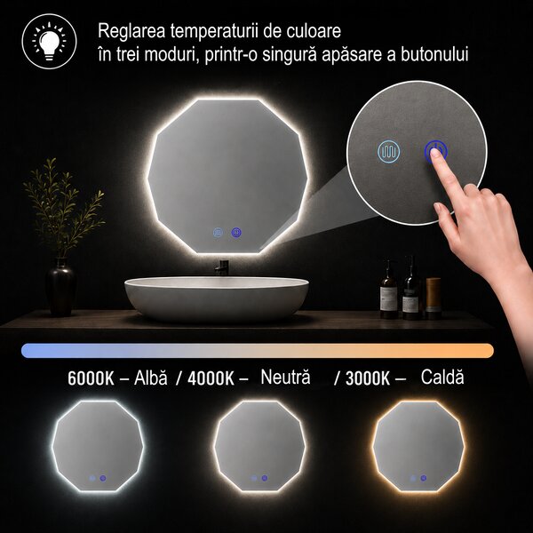 Oglindă de baie cu iluminare LED integrată – 3 culori Oriana