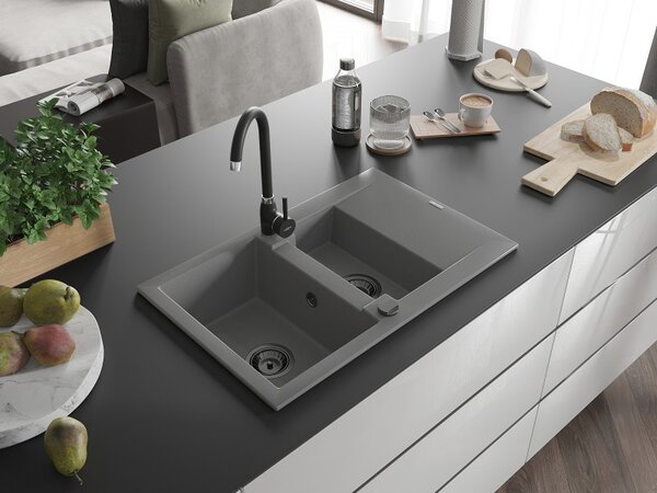 Mexen Gaspar, chiuveta granit 737x475x177 mm, 1,5 camere, gri cu sifon negru, 6507731505-71-B